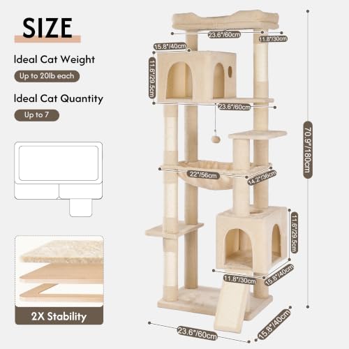 XXL Cat Tree Tower 70”with Oversized Bed, Hammock, 2 Condos - color: Beige, size: XXL-70"