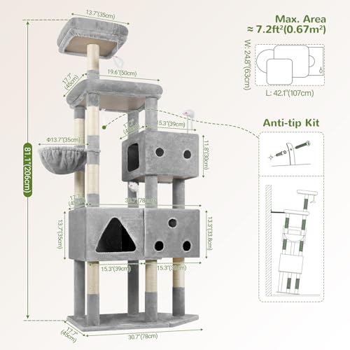 Globlazer Extra Large Cat Tower for Big Cats 20 lbs, 81in, F81, Light Grey - color: Light Grey