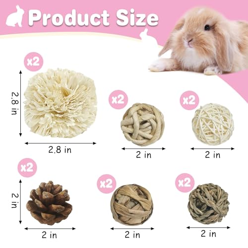 kathson 12 Pack Natural Bunny Chew Balls Small Animal Activity Toys Rabbit Play Ball Rolling Toy Gnawing Treats Timothy Grass Balls for Guinea Pigs Chinchilla Pet Cage Entertainment