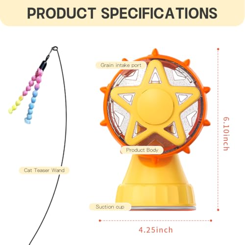 2-in-1 Interactive Cat Toy, Rotating Treat Dispenser with Strong Suction Cup & Teaser Wand, Adjustable Slow Feeder Puzzle Toy for Cats, Boredom Relief & Mental Stimulation Fits Kibble ,Treats (Yellow) - color: Yellow