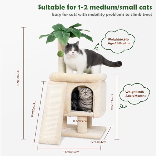Meowoou Palm Cat Tree Tower for Indoor Cats with Cozy Cat Condo, 33'' Natural Sisal Scratching Posts and Plush Pom-pom for Small Kitty - size: 33 in Palm Cat Tree