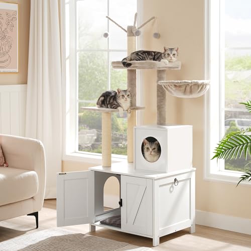 HOOBRO Cat Tree Tower with Litter Box Enclosure for Indoor, Wooden Cat Condo with Scratching Posts, Litter Box Furniture Hidden, All-in-One Cat House, White WT15MZ03 - color: White