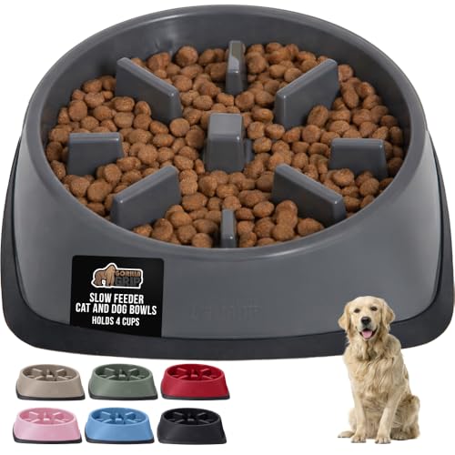GORILLA GRIP® Patented Slow Feeder Dog and Cat Bowl, BPA Free, 4 Cup Gray - color: Gray, size: 4 Cup