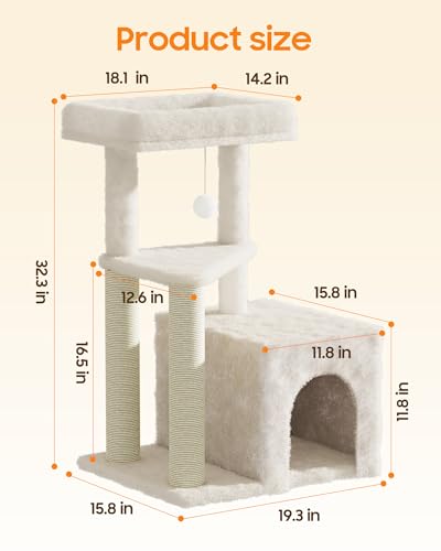Cat Tree Tower for Indoor Cats, 33 Inches Multi-Level Cat Condo with Scratching Posts, Large Perch, Hanging Toy for Large Adult Cats, Beige - color: Beige