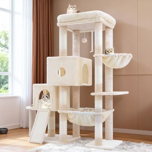 Hey-brother Cat Tree Tower with Plush Steped Condos, Big Platform, MPJ071M - color: Beige, size: 50 inches