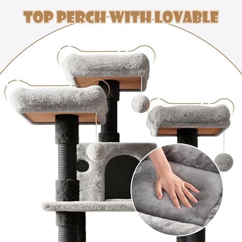 SHA CERLIN 68 Inches Multi-Level Large Cat Tree for Large Kitties/Big Cat Tower with Condo/Cozy Plush ‌Pussycat Perches/Sisal Scratching Posts and Hammocks/Activity Center/Black & Grey - color: Black & Grey, size: 68in