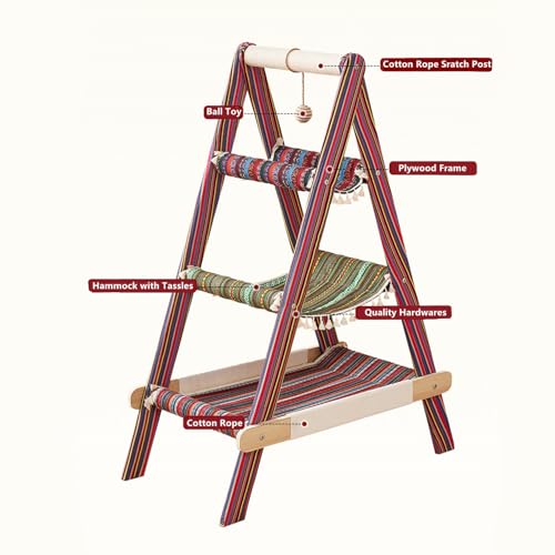 SHENGOCASE 3-Tier Modern Boho Style A Frame Wooden Cat Tree Tower Ladder with Multi-Level Bed Hammock for Large Cat and Sctatching Post, Hanging Toy Ball (Boho) - color: Boho