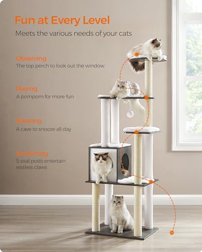 Feandrea Cat Tree, 65-Inch Multi-Level Tower with 5 Scratching Posts - color: Misty Gray