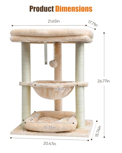 SYANDLVY Small Cat Tree for Indoor Cats with Top Perch Hammock & Bottom Bed - color: Beige