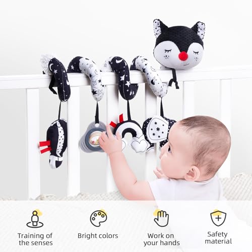 Koty Car Seat Toys, Infant Baby Spiral Plush Activity Hanging Toy for Stroller Bar Pram Crib with Music Box BB Squeaker & Rattles(Black Fox) - color: Black & White Fox