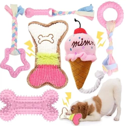 Puppy Chew Toys Set (7-Pack) for Small Dogs – Teething Toys with Squeaky Plush, Rubber Bone, Rope Tug & Ring | Cute Pink Puppy Gift Set with Storage Basket | Washable, BPA-Free, Non-Toxic