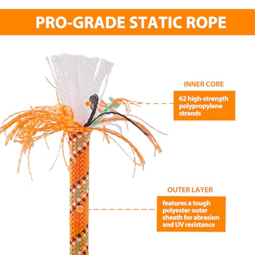 Static Climbing Rope - 12mm High Strength Arborist Rope 32FT for Outdoor Rappelling, Swing, Rigging, Tree Work, Camping - Orange - color: Orange, size: 32FT