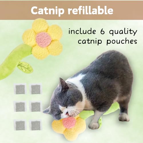 CECE PAW Catnip Refillable Interactive Cat Toy with Crinkle Sound, Flower Kicker Toy for Indoor Cats, Includes 6-Pack Catnip Pouches, Chew, Food Puzzle for Kitten Enrichment - style: Flower