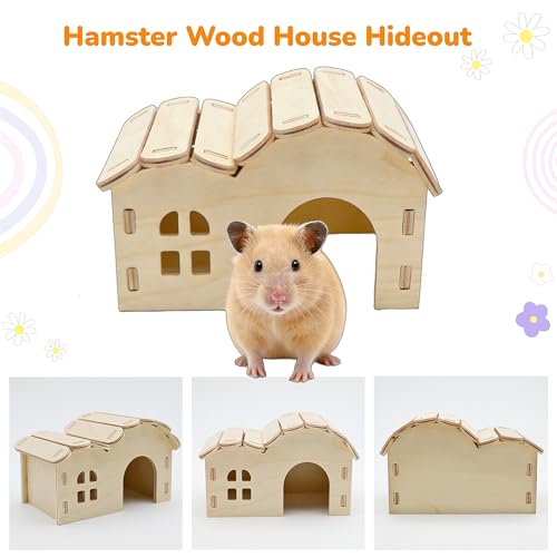 2 Pcs Wooden Hamster Platform Set, Hamster Wooden House Hideout, with Detachable Ladder Bridge, Climbing Toys, Cage Accessories, Small Animals Habitat Decor for Rat Gerbils and Other Small Pets