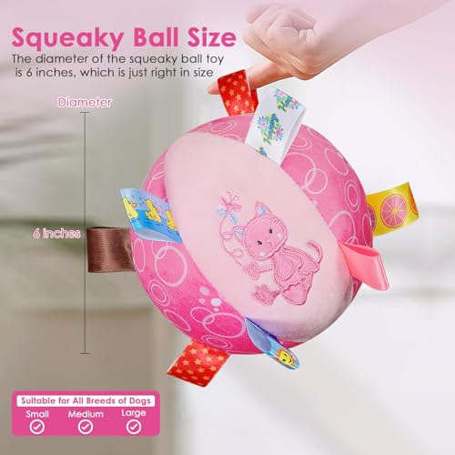Letalong Dog Squeaky Plush Toy with Straps, 6-Inch Soft Stuffed Ball with Cotton Material and Bell Built-in, Pet Interactive Fetch Toy for Small to Large Dog - color: Pink