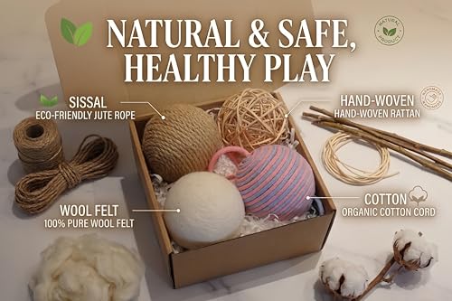 Merlin's Elf Cat Toy Balls for Indoor Cats and Kittens, Natural Sisal, Wool Felt, Rattan and Cotton Balls for Chasing and Interactive Play, 4 Pack