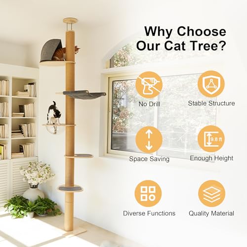 FUKUMARU Floor to Ceiling Cat Tree, 6-10 ft, 6 Level, Grey - color: Grey