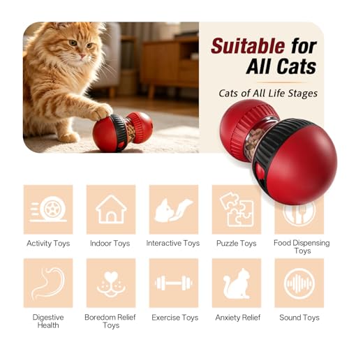 Cat Treat Dispensing Toy Kitten Puzzle Feeder & Food Dispenser Ball - Cat Enrichment Toys for Indoor Cats Kitty Stimulating Tous - Red