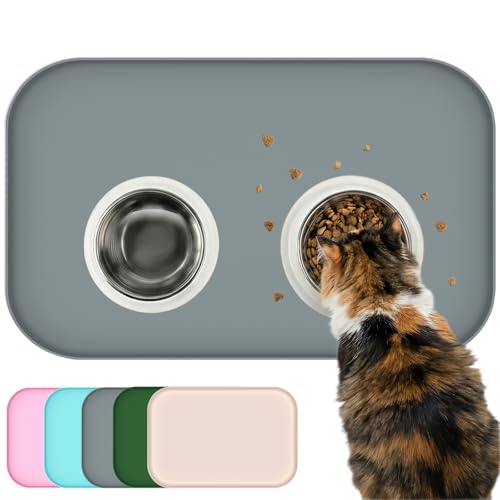 BLESWIN Waterproof Silicone Pet Feeding Mat Grey with Raised Edge,24" x 16"Non-Skid Spill Proof Dog Bowl Mats, Easy Clean Cat Bowls Placemat for Cats and Dogs - color: Grey, size: 60 x 40 cm