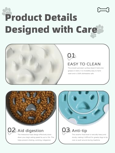 Ceramic 1.5 Cup for Small & Medium Breeds Slow Feeder Dog Bowl (Turquoise) - color: Turquoise