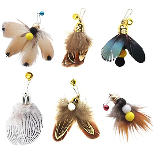 Cat Insect Feather Toys Replacement Cat Toy Wand Refills, 6 Pieces Natural Insect Cat Toy Feathers Refill, Interactive Cat Teaser Wand Attachments, with Bell - color: Style 1
