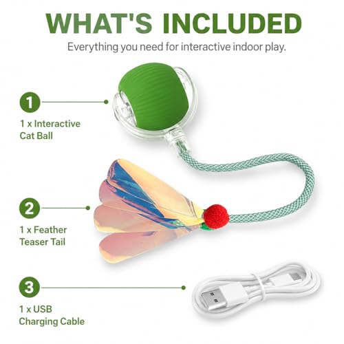 Interactive Cat Toy Ball with LED Lights – USB-C Rechargeable Automatic Cat Toy with Feather Tail for Indoor Cats & Kittens, Upgraded Version - color: Green ball
