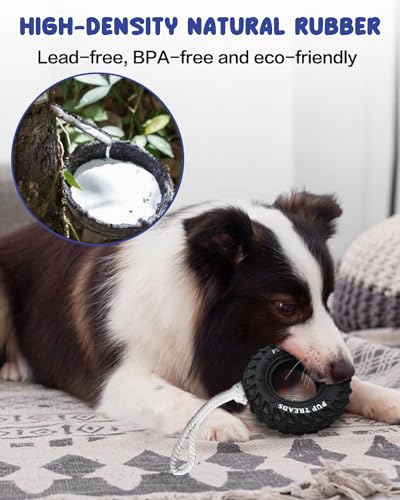SCHITEC Dog Chew Toy with Rubber Tire & Tug of War Rope for Medium Large Dogs Aggressive Chewers, Interactive Fetch Play Treat Dispenser Pull Toys - color: Black