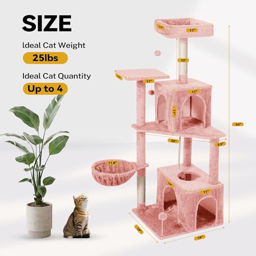 Cat Tree 54-Inch Cat Tower with Padded Plush Perch 2 Comfy Caves, Scratching Posts, Basket, 2 Pompoms, Multi-Level Plush Cat Condo for Indoor Cats Kittens, Pink - color: Pink
