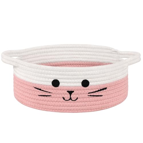 Small Woven Rope Cat Toy Basket with Cat Face Design, White Pink - color: White & Pink, size: 9.8"W x 4"H
