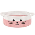 Small Woven Rope Cat Toy Basket with Cat Face Design, White Pink - color: White & Pink, size: 9.8"W x 4"H