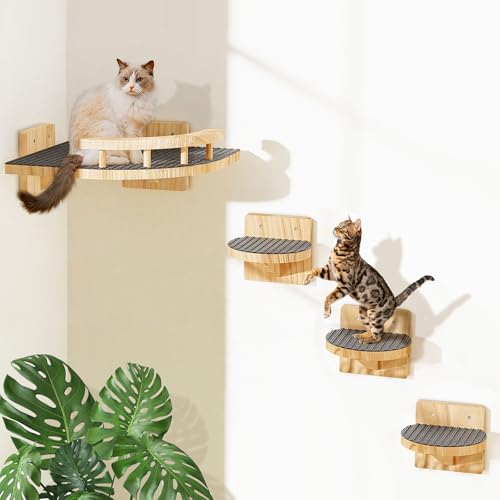 Cat Wall Shelves with 3 Steps, Wooden Cat Wall Furniture up to 15lbs, Floating Stairs for Small/Medium Cats, Kitty Wide Climber Shelf with Cozy Perch for Indoor, Sleeping, Jumping, Playing - size: Corner