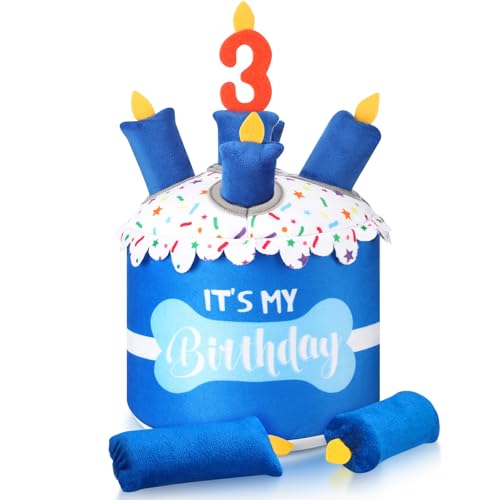 Foilswirl Dog 3rd Birthday Cake Toy Squeaky Interactive Dog Toy Hide and Seek Plush Dogs Puzzle Puppy Toys for Boredom Keep Them Busy for Small Medium Dogs(Blue) - size: Blue, style: 3rd