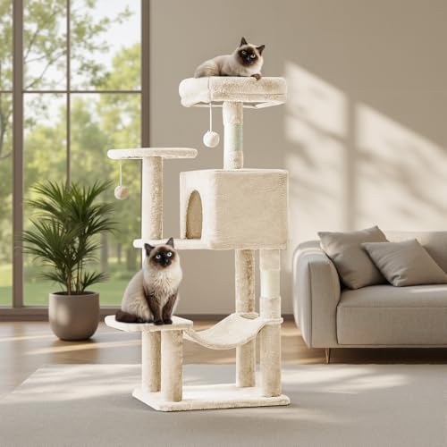 DUMOS Small 44 in Cat Tree Tower with Natural Sisal Scratching Posts - color: Beige, size: 43.6Inch