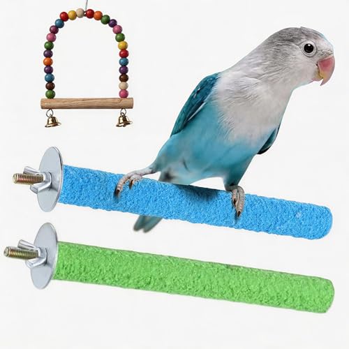 3 Pcs Parakeet Perches Set, 2 Bird Nail Trimming Perches and Colorful Swing