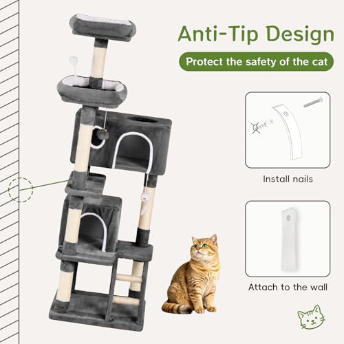 Cat Tree Tower 60 inch - Multi-Level Indoor Activity Center with Sisal Scratching Posts, Condo, Plush Perch & Hanging Toys for Kittens (Black) - color: Black