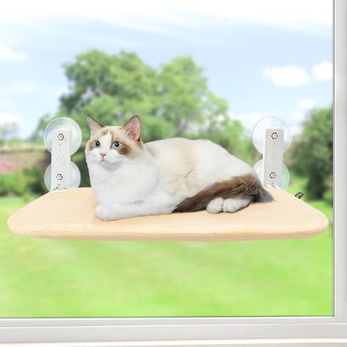 Sunhoo Cat Window Hammock Perch Cordless Perches Window Sill Seat Bed Foldable Stable Lounger Upgraded Suction Cup Easy Assembly Indoor Cats Kitty Shelf Hold Up to 55lbs（Beige,S - color: beige, size: S