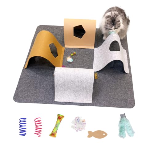 Cat Tunnel Mat for Indoor,4-Way Felt Cats Play Mat Cat Cave for Hide & Seek - color: Gray