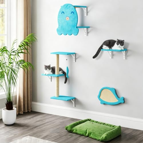 COZIWOW Wall Cat Tree,4Pc Ocean Blue Octopus Sisal Perch Multi-Cat Home - color: Ocean Blue