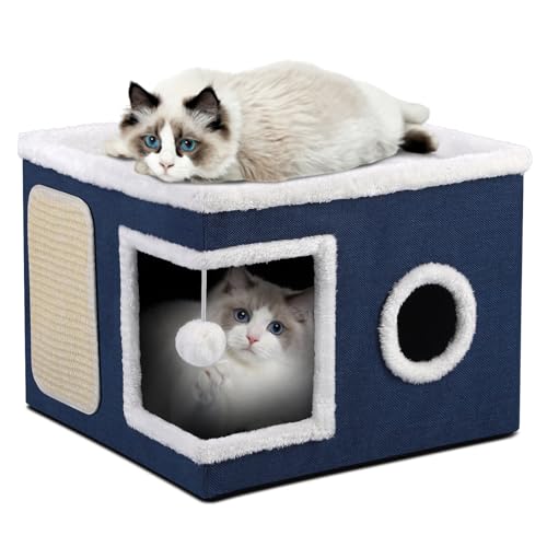 Shikha Cat House Bed for Indoor Cats with Fluffy Ball and Scratch Pad Blue - color: Blue, size: Large