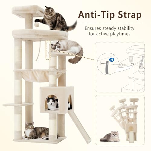 Heybly 64.2" Heavy-Duty Cat Tree for Large Cats with Wide Base HCT027M - color: Beige, size: 64.2 inch