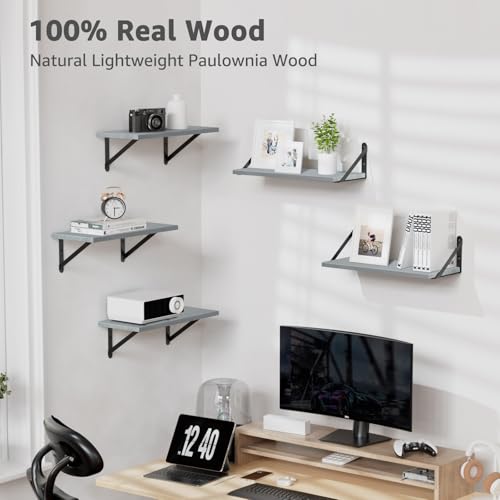 COCOYA Wall Shelves 7.3" Deep Solid Paulownia Wood (Grey, Set of 3) - color: Gray, Set of 3