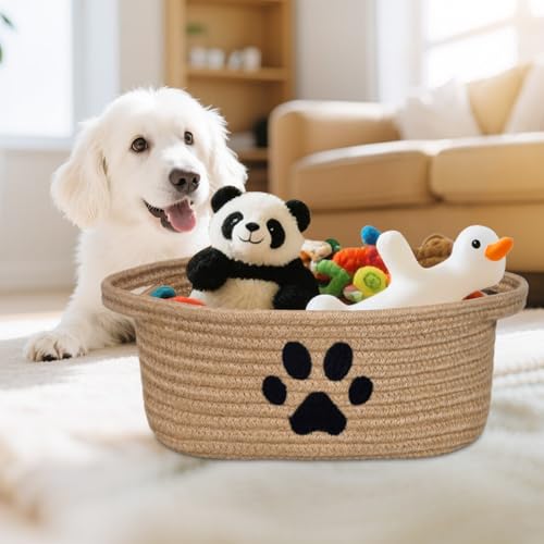 Small Woven Dog Toy Basket with Handle, Cute Paw - color: jute