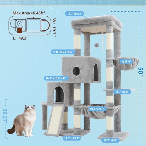 Hey-brother Cat Tree Tower with Plush Steped Condos, Big Platform, MPJ071W - color: Light Gray, size: 50 inches