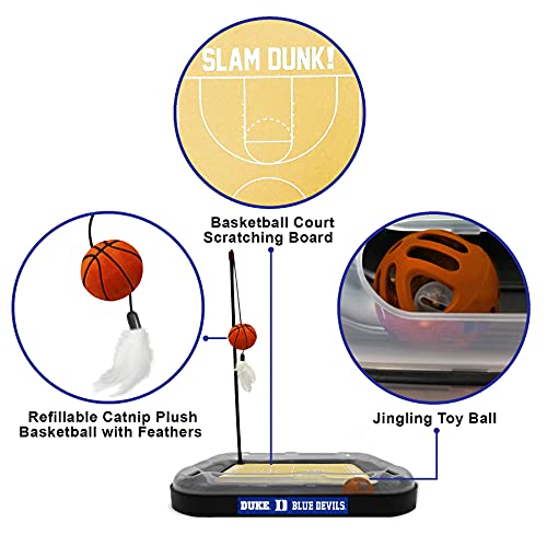 CATS SCRATCHER NCAA Duke University Basketball Court CAT Scratcher Toy with Catnip Filled Plush Basketball Toy & Feather Cat Toy Hanging, with Jingle Bell Interactive Ball Cat Chasing 5-in-1 Kitty Toy - color: Duke University, style: Basketball Court