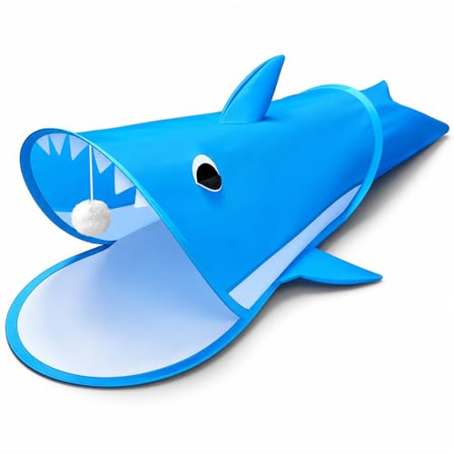 Blue Shark Cat Tunnel Toy, Collapsible Pop-Up Cat Play Tunnel with Interactive Hanging Ball & Storage Bag, Durable Polyester Interactive Cat Toy for Indoor Cats, Kittens
