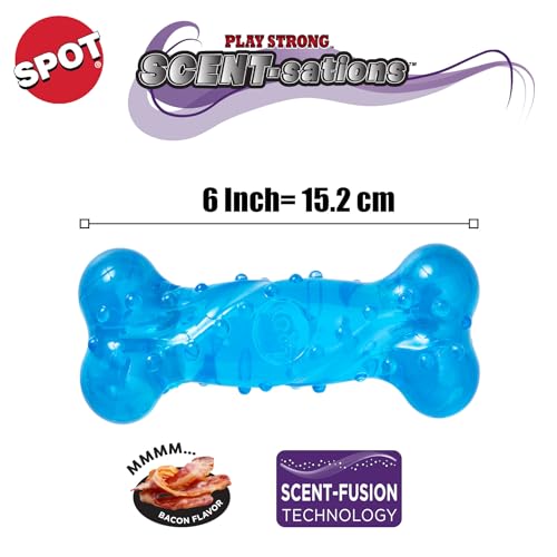 SPOT Play Strong Scent-sations Bone - Scent-Infused, Strong, Durable TPR Rubber, Heavy Duty Dog Toys for Aggressive Chewers up to 45lbs, Perfect for Puppies & Medium Breeds, 6in, Bacon Flavored - color: Blue, size: 6 in