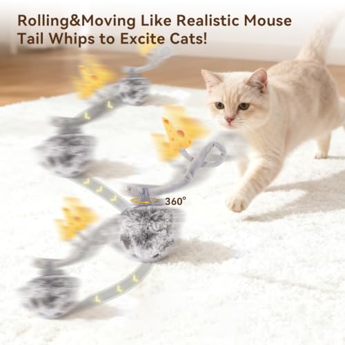Migipaws Interactive MigiMouse Cat Toy 360° Rolling & Spin with Wiggling Tail for Indoor Cats Smart Motion Sensor, Realistic Squeak, Rechargeable Plush Kitten Toy(Grey Long)