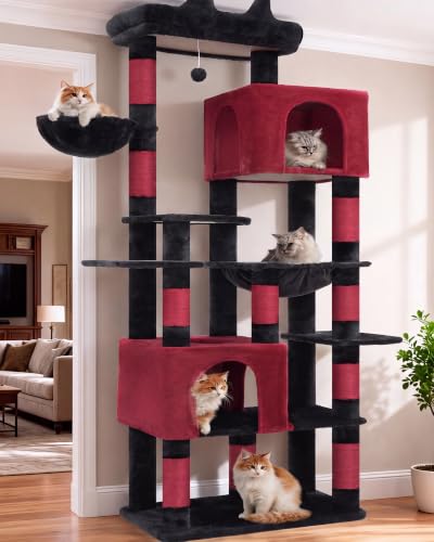 Heybly Cat Tree, 76-Inch Tall Heavy Duty Cat Tower for Big Cats HCT039BR - color: Black and Red, size: 76.8 inch
