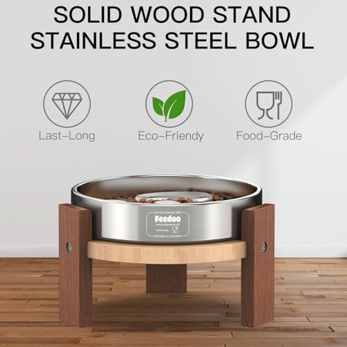 Feedoo Elevated Dog Bowl Stand, 6'' Height Raised Stand for Medium Dogs, Includes 2Cups Stainless Steel Slow Feeder Dog Bowl, Durable Solid Hardwood - color: 6" Height 2Cups Slow Feeder