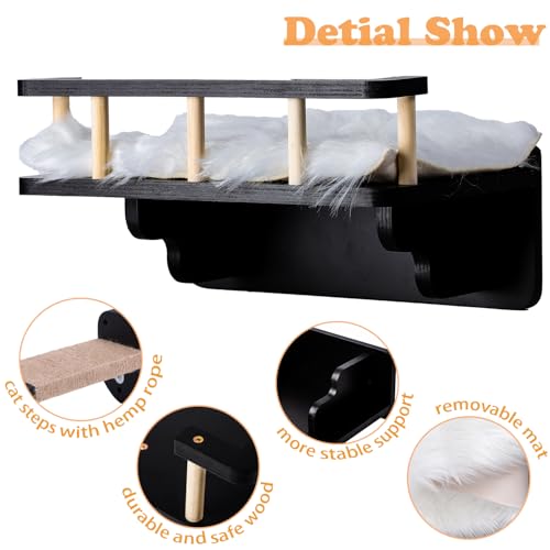 Cat Wall Shelf With 3 Steps And Plush Cover For Indoor Cats - Black - color: Black